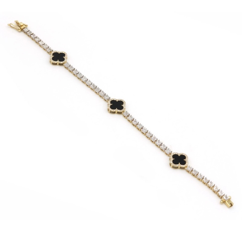 Natural Diamond Clover 1.22ct 14k Solid Gold Black Onyx Bracelet Size 7